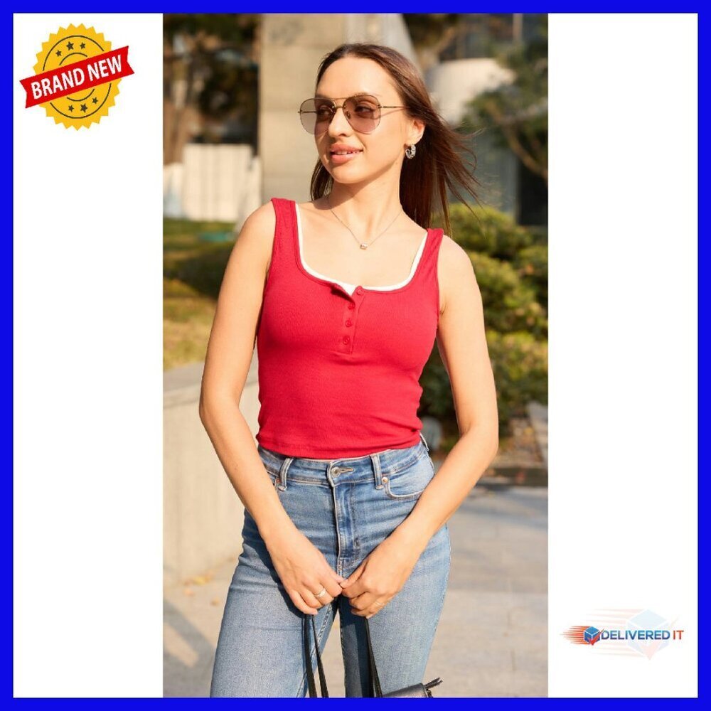 Ribbed Crop Tank Top Square Neck Button Front Slimming Summer Top - Picture 8 of 8